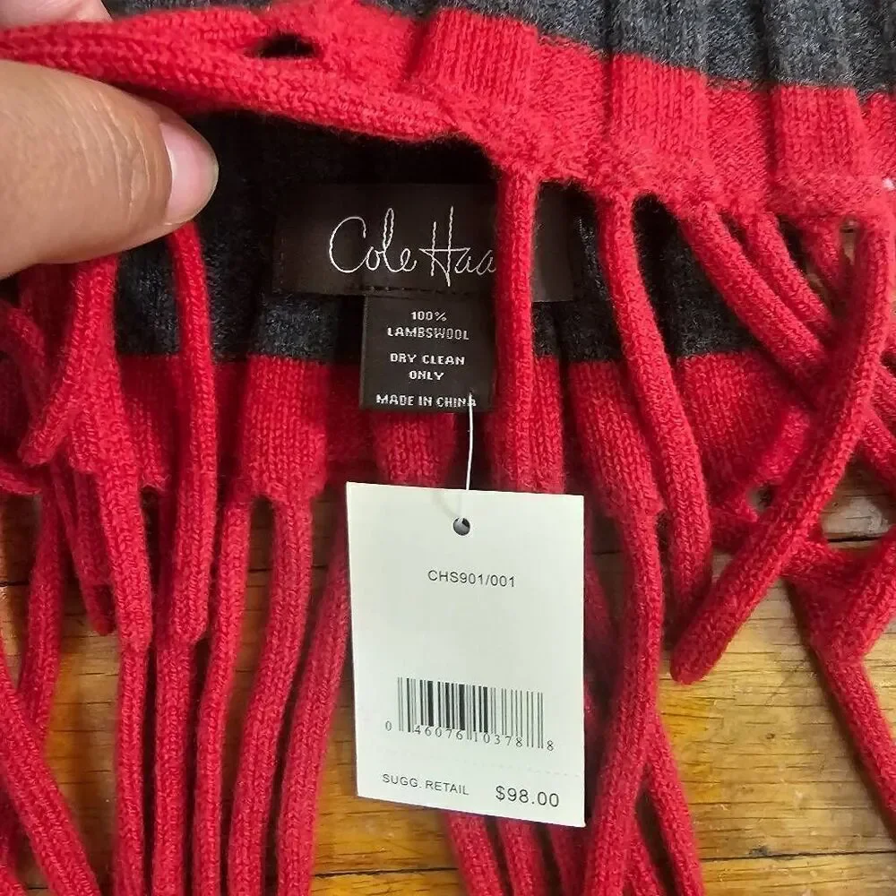 Cole Haan Lamb Wool Scarf Grey Red